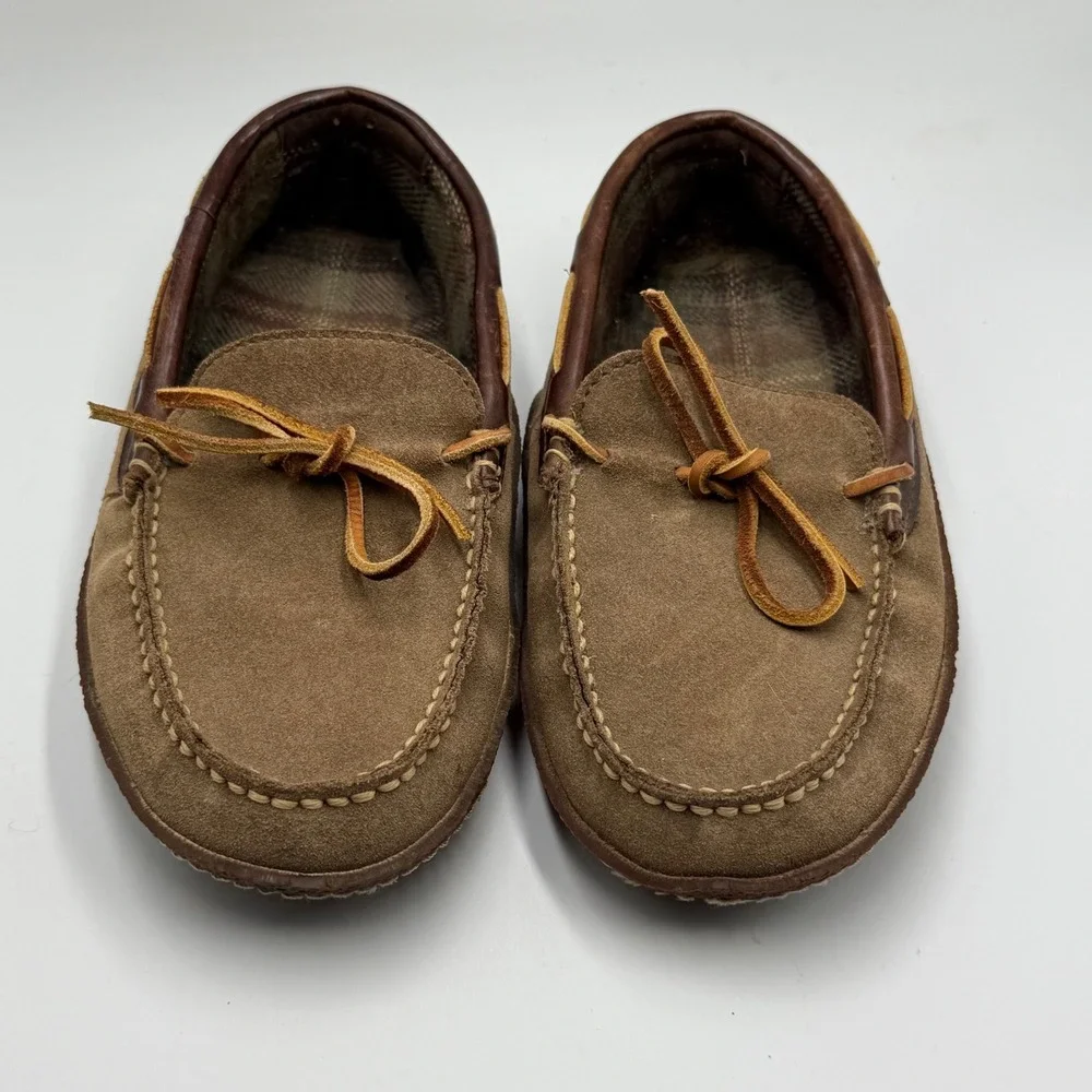 LL Bean Suede Leather Moccasin Handsewn‎ Slippers Flannel Lined Brown Mens 7
